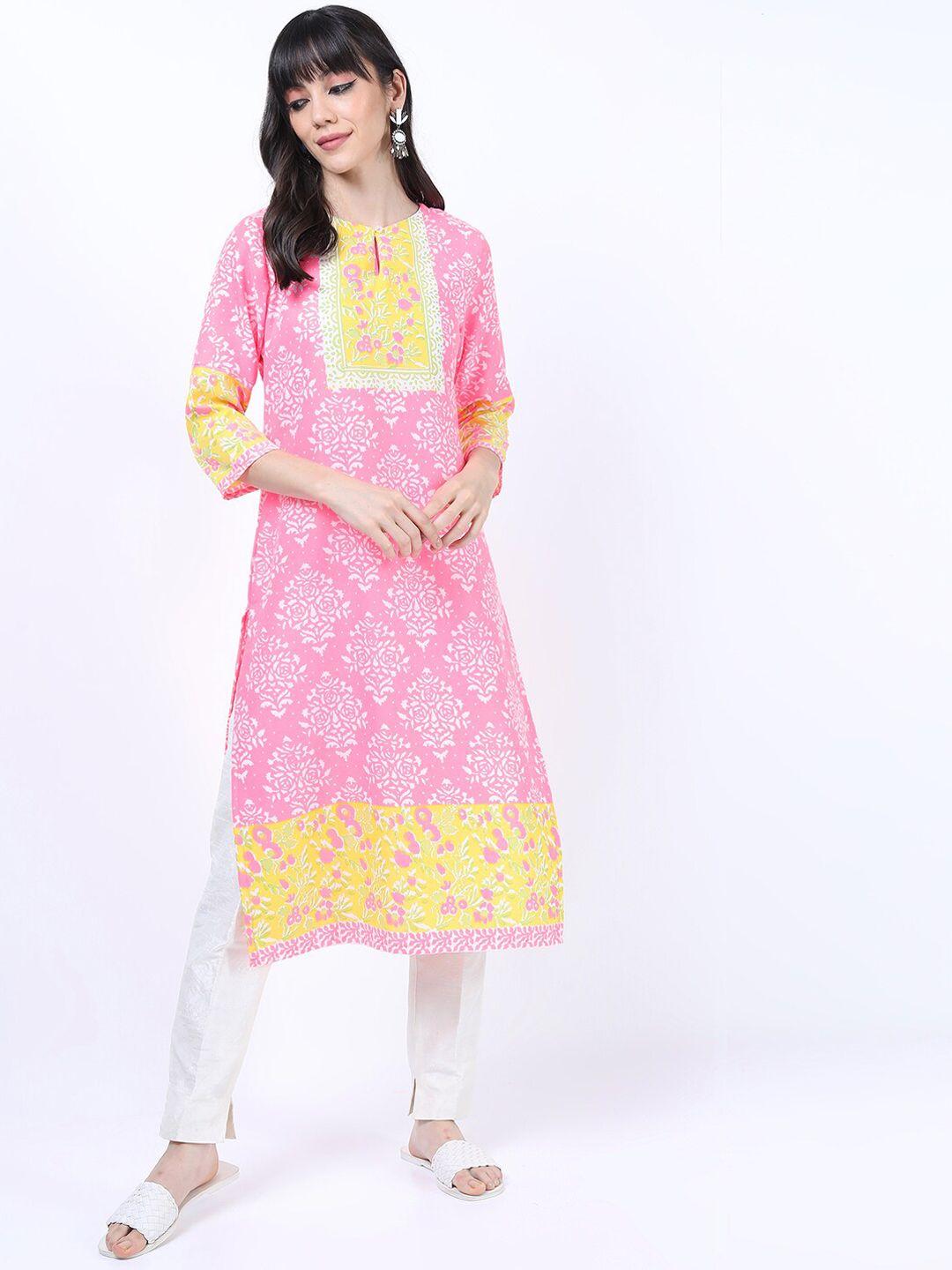 vishudh pink & yellow floral printed keyhole neck kurta