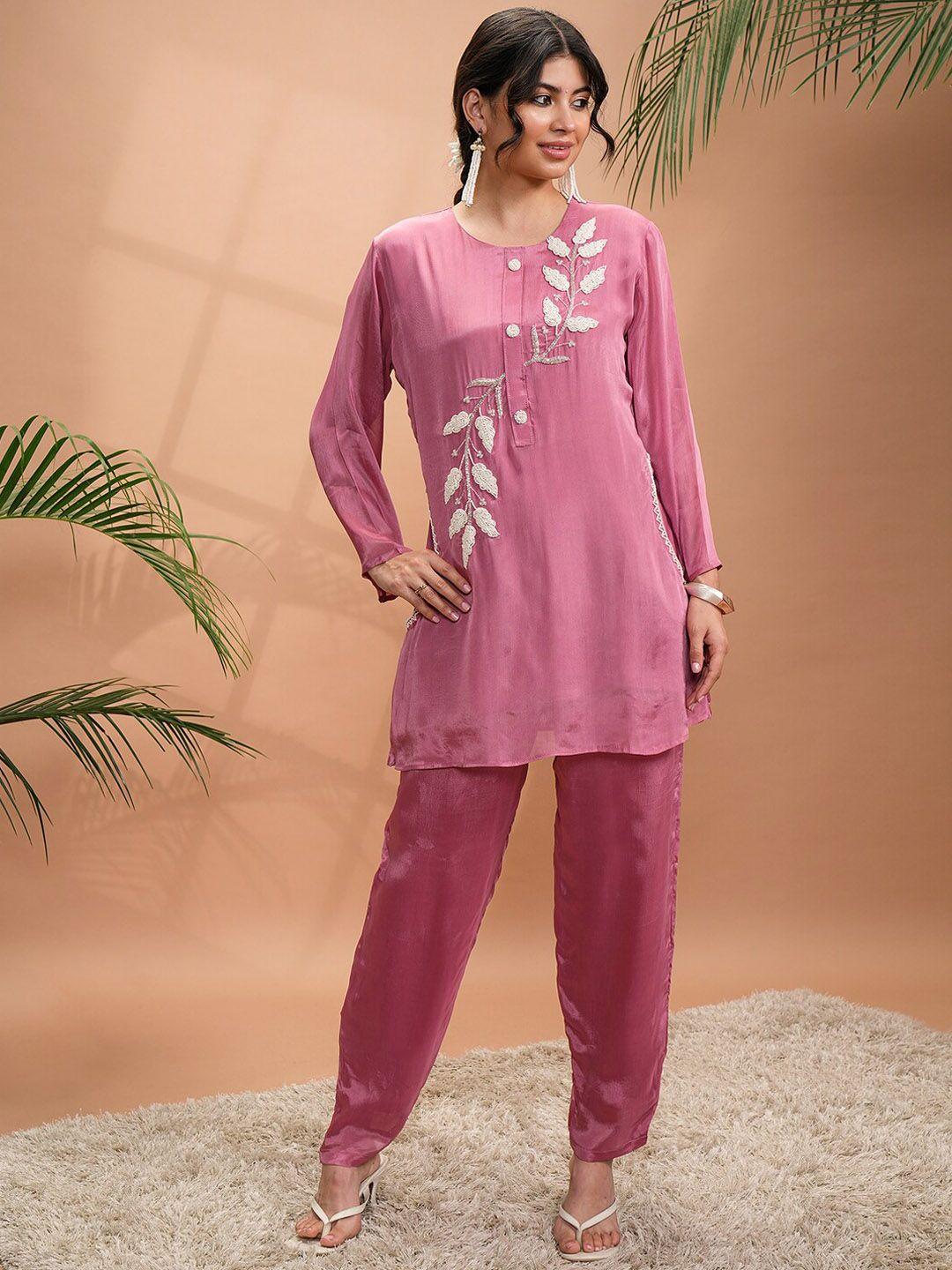 vishudh pink embroidered pure cotton tunic with trousers