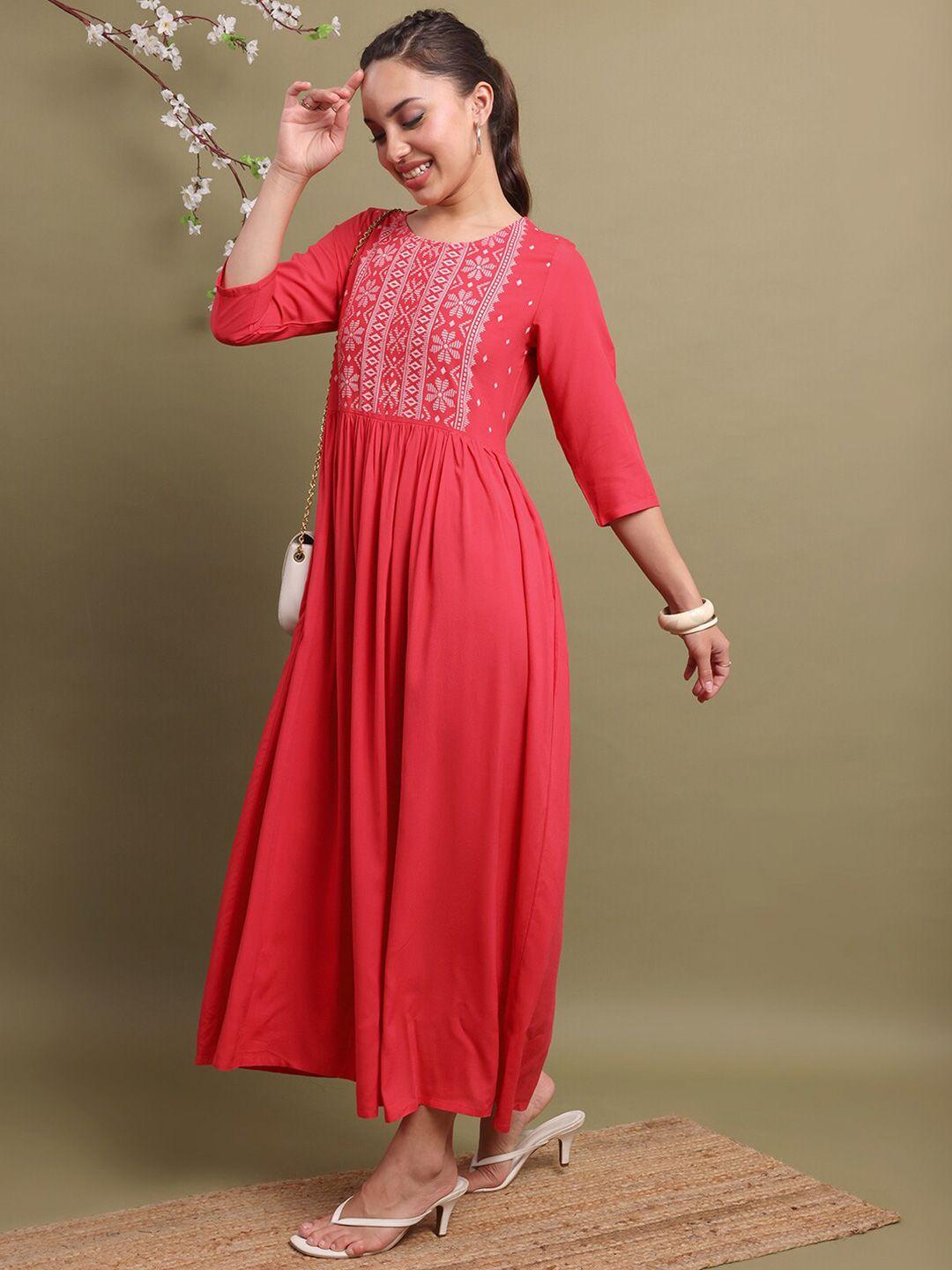 vishudh pink ethnic motifs printed gathered or flared fit & flare maxi dress