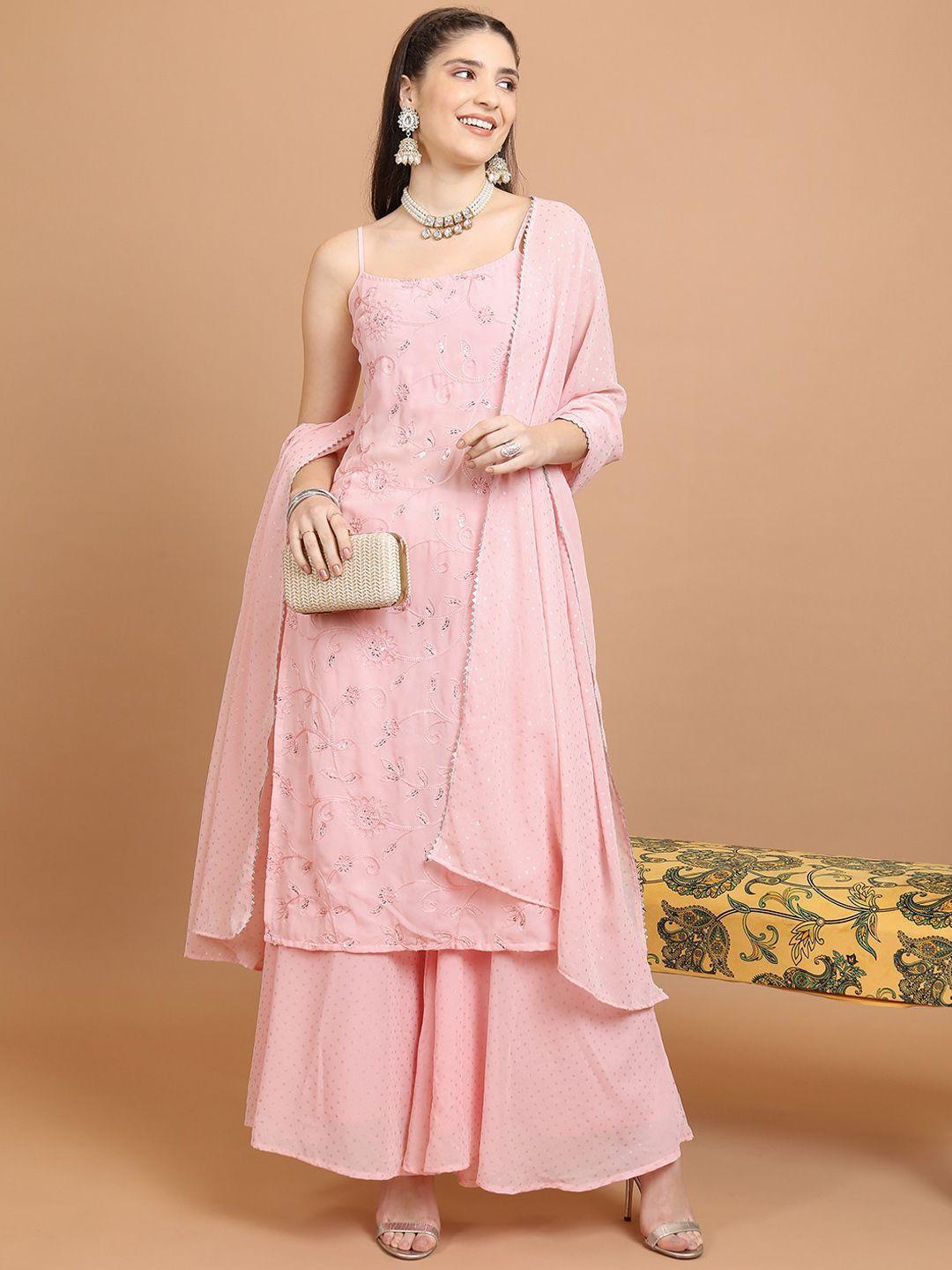 vishudh pink floral embroidered shoulder strapped sequinned kurta with sharara & dupatta