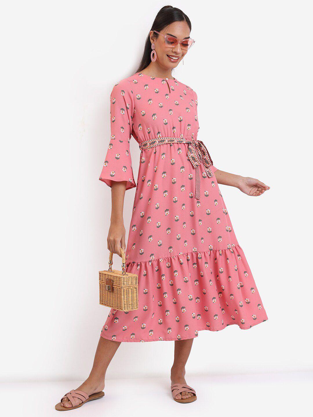 vishudh pink floral printed keyhole neck a-line midi dress with belt