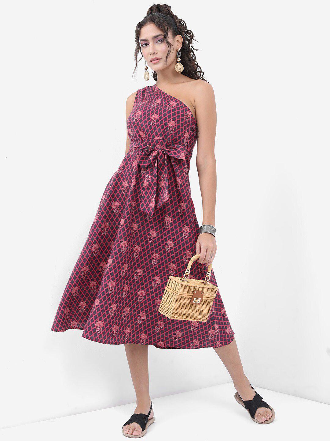 vishudh pink floral printed one shoulder fit & flare midi dress