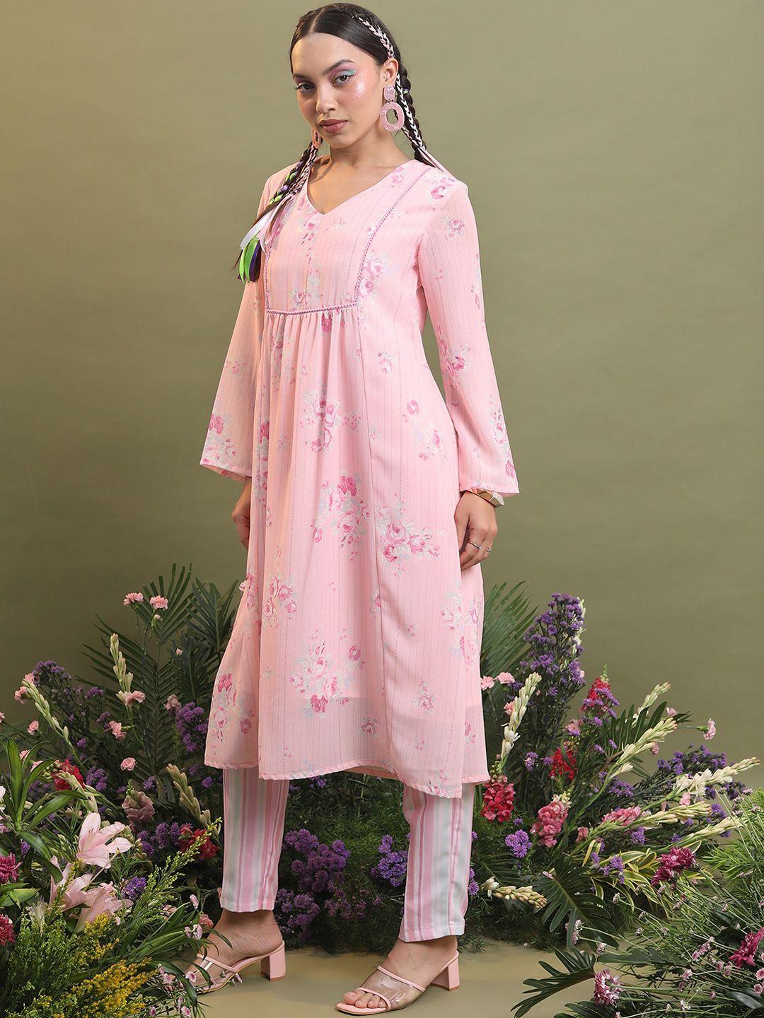 vishudh pink v-neck floral printed panelled a-line kurta with trousers