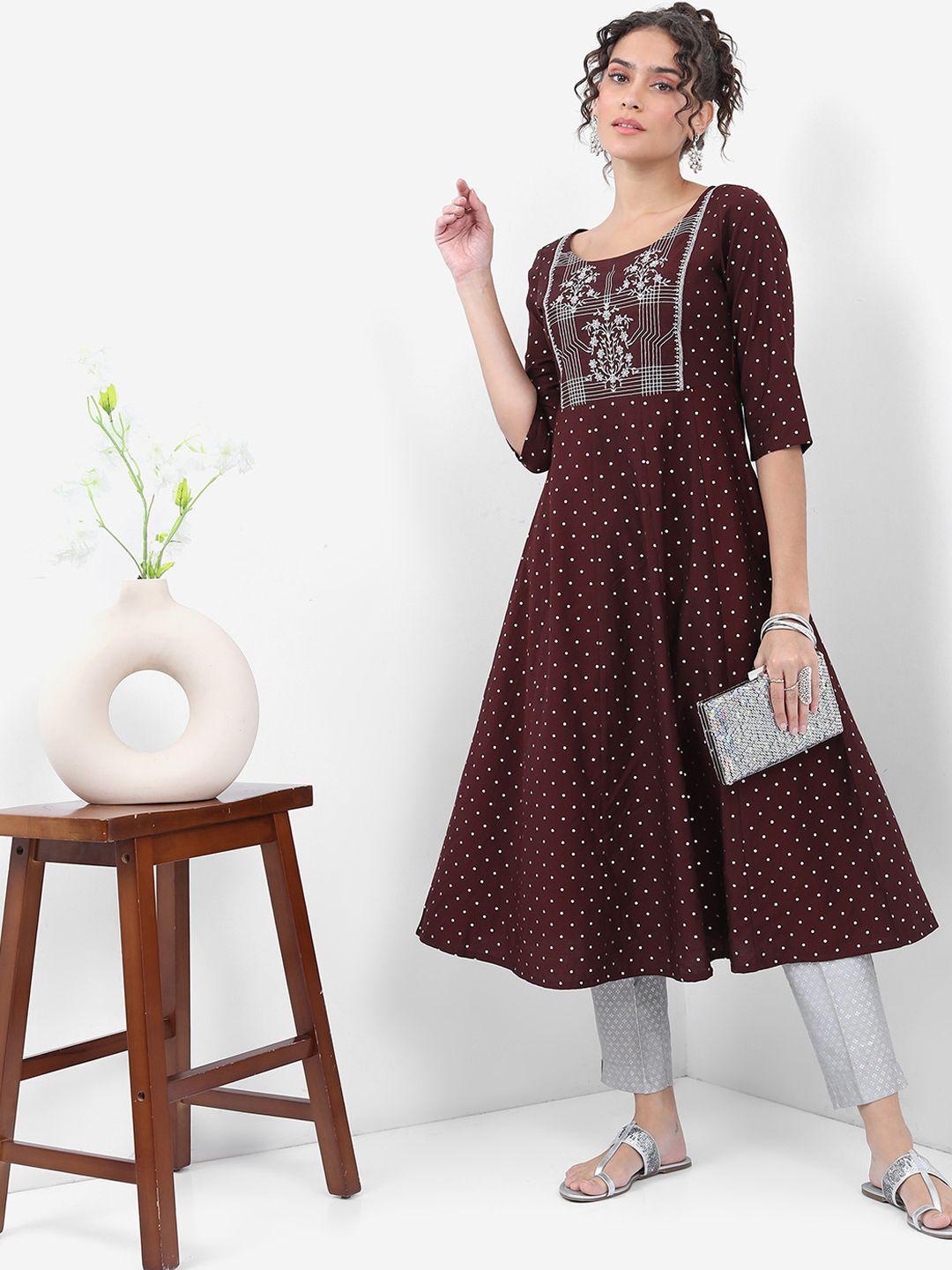 vishudh polka dots printed thread work a-line kurta