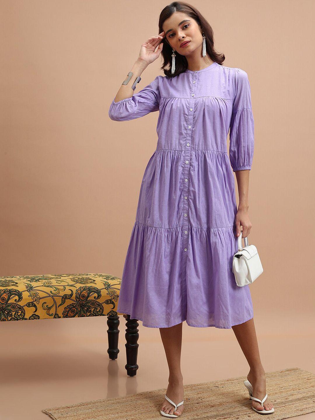 vishudh puff sleeve cotton a-line midi dress