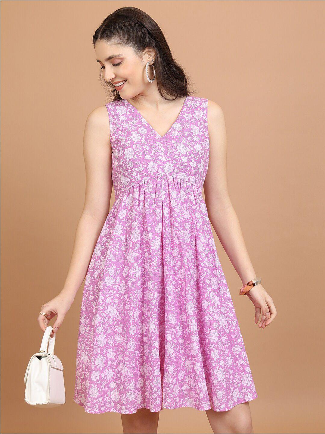 vishudh purple & white floral printed a-line dress