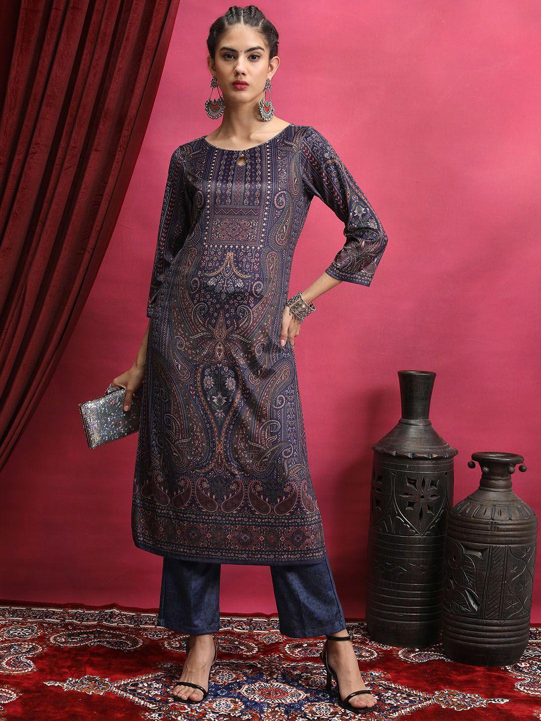 vishudh purple ethnic motifs printed keyhole neck kurta