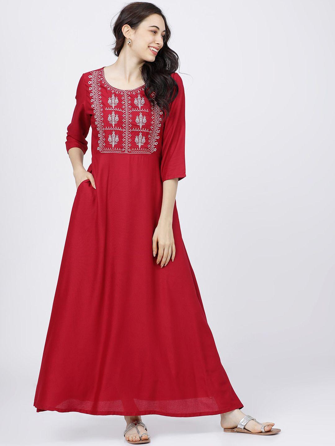 vishudh red ethnic motifs embroidered maxi dress