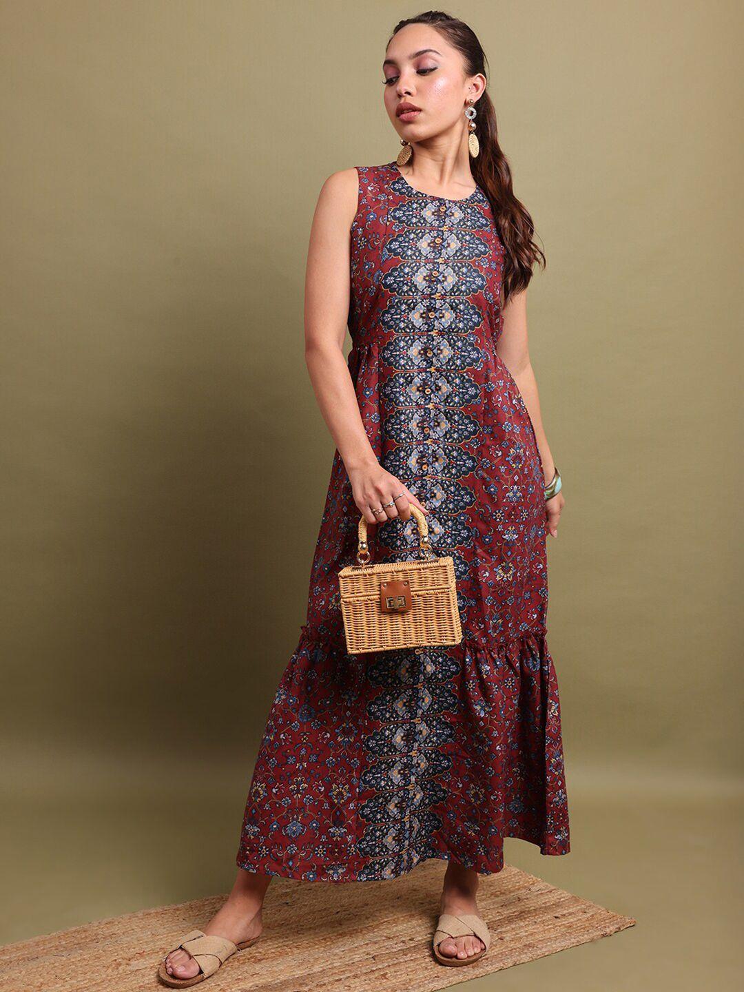 vishudh red floral printed gathered tiered maxi dress