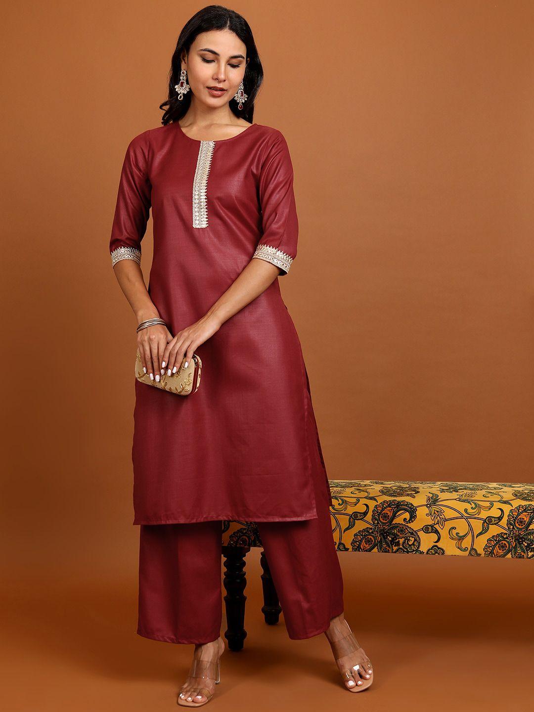 vishudh red sequinned straight kurta with palazzos