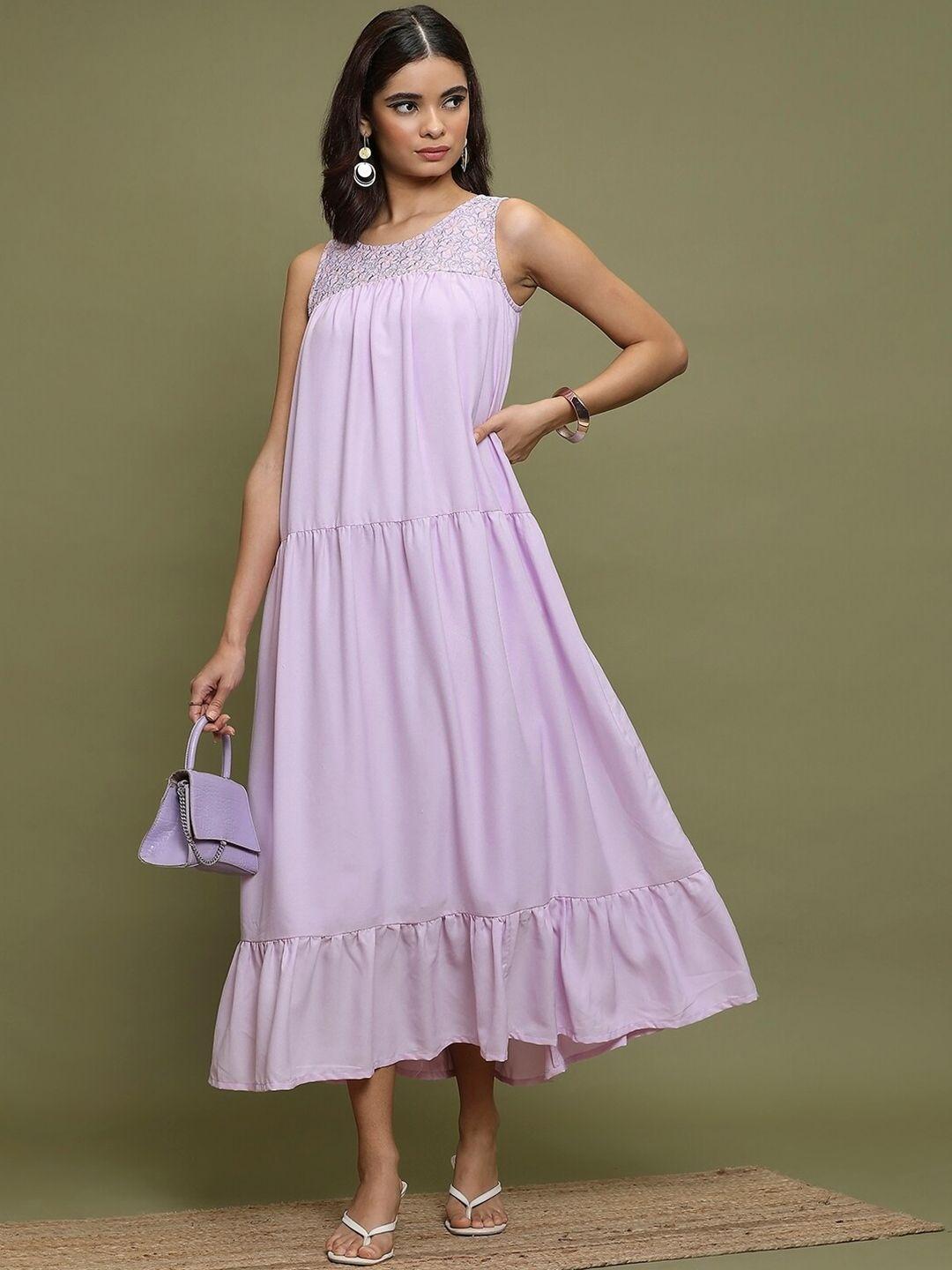 vishudh round neck gathered a-line midi dress