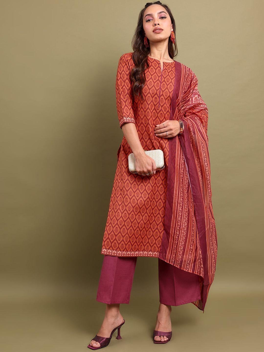 vishudh rust ethnic motifs printed straight kurta with palazzos & dupatta