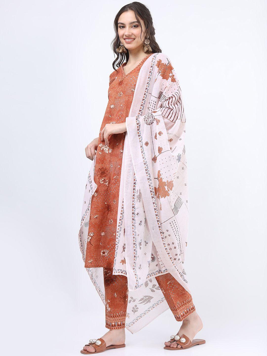 vishudh rust floral pure cotton kurti with trousers & with dupatta