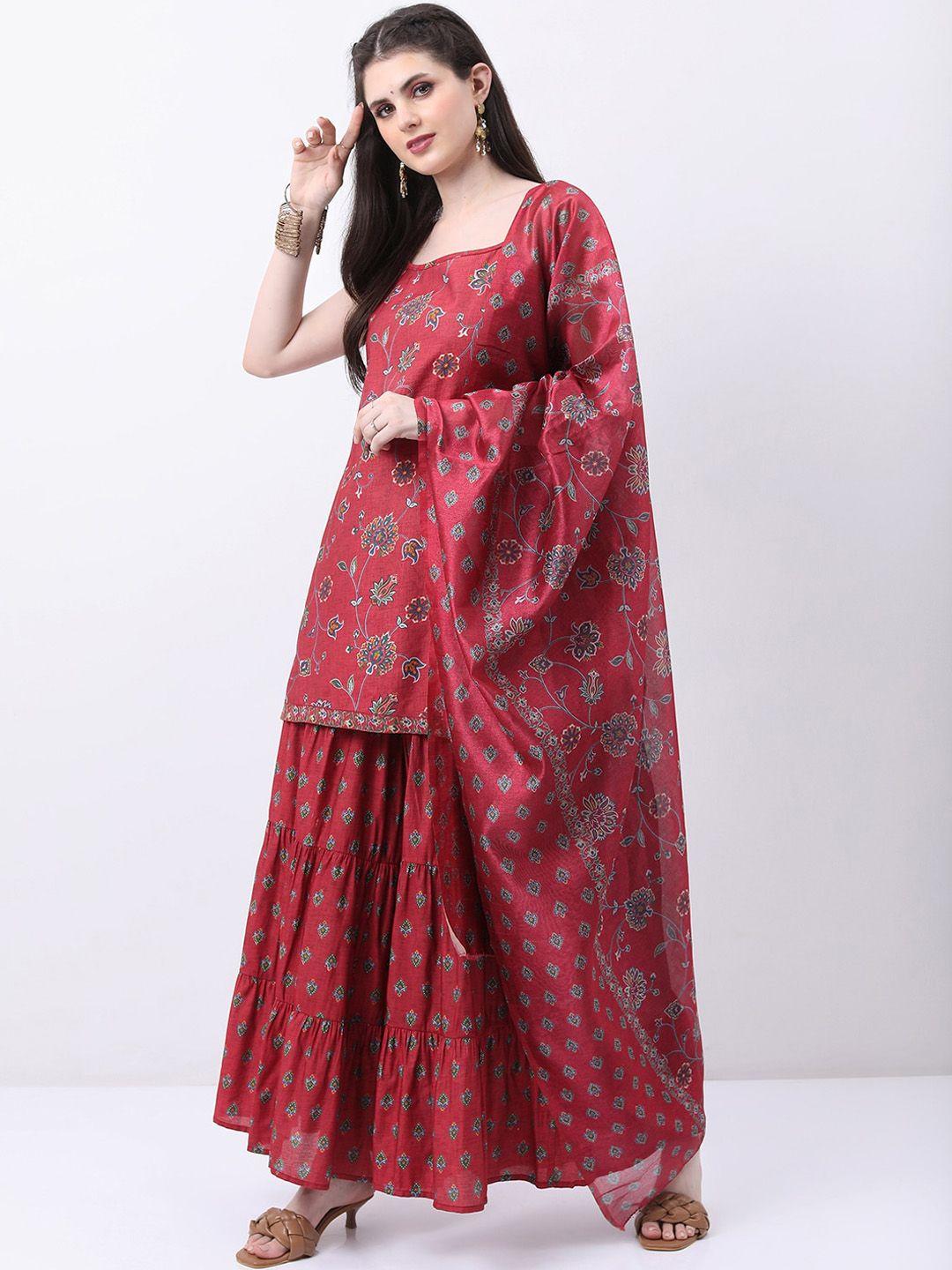 vishudh shoulder straps floral printed regular kurti with sharara & with dupatta