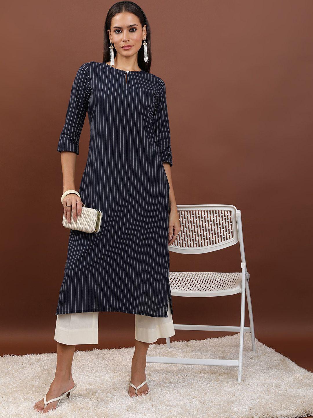 vishudh striped keyhole neck cotton kurta