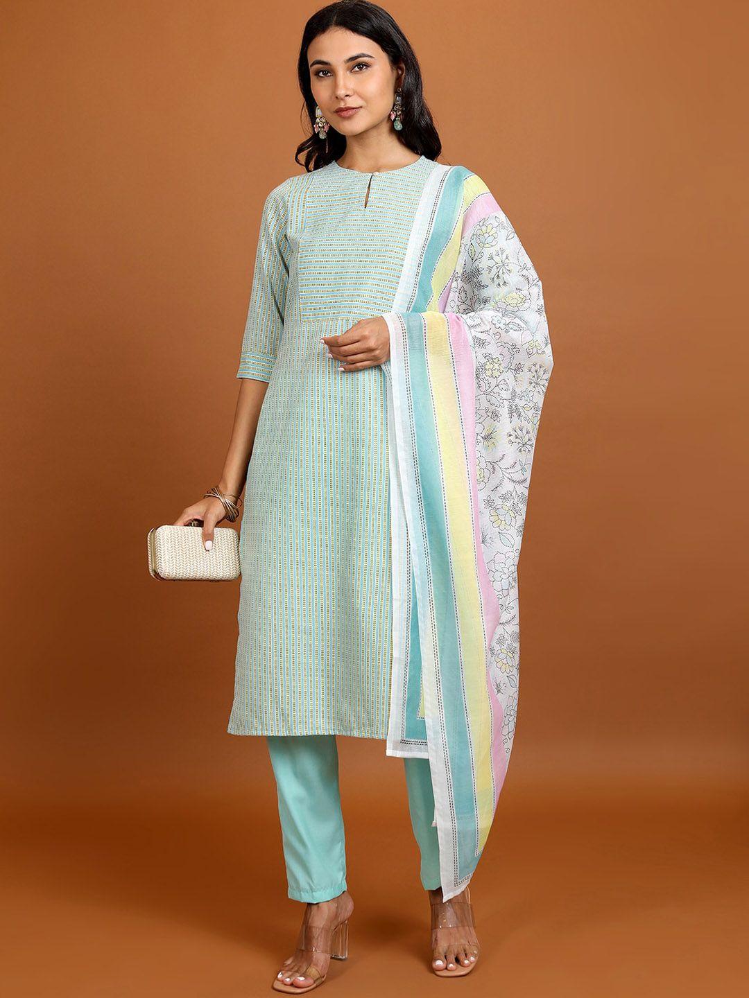 vishudh striped keyhole neck straight kurta with trousers & dupatta