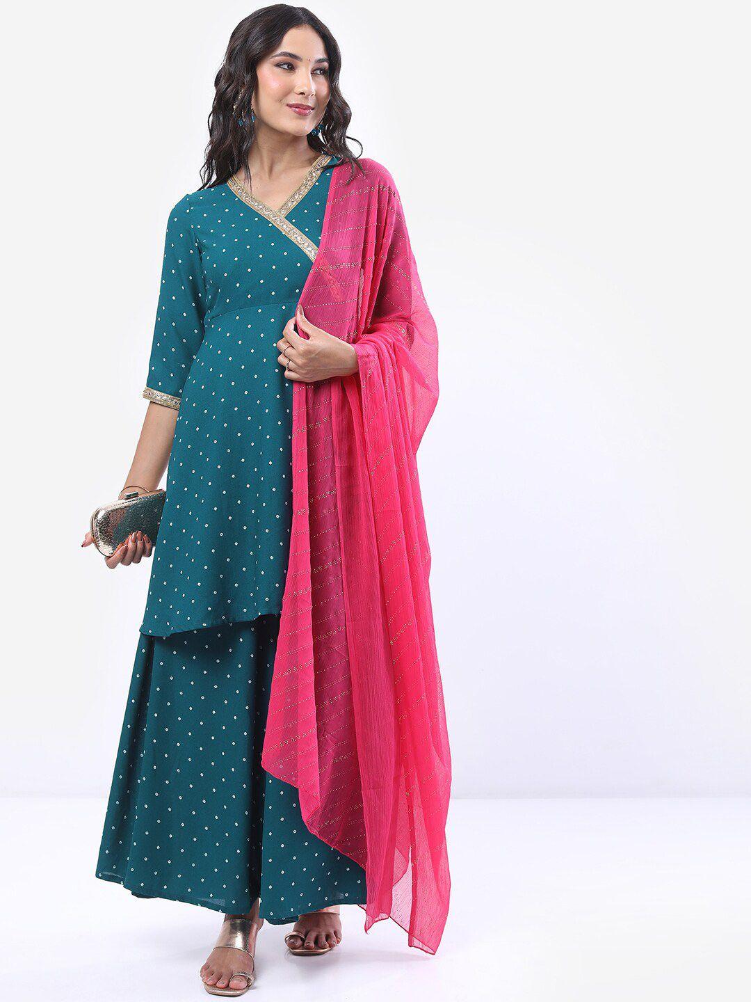 vishudh teal blue & pink ethnic motifs printed v neck a-line kurta with palazzos & dupatta