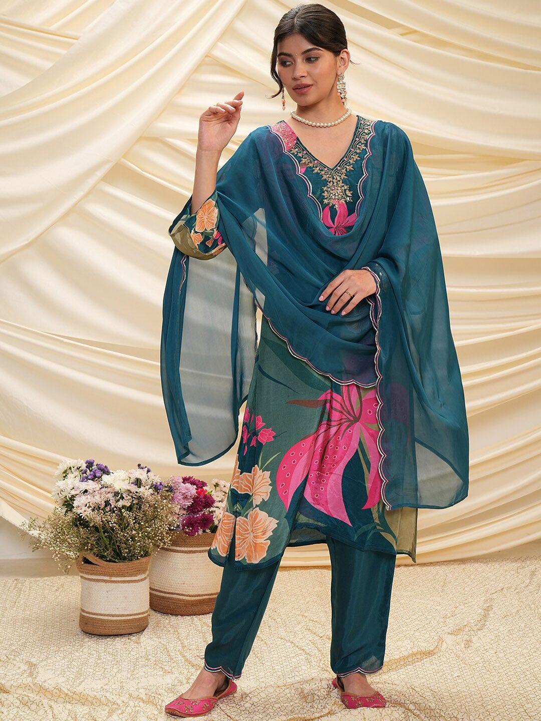 vishudh teal blue floral embroidered kurta with palazzos & with dupatta