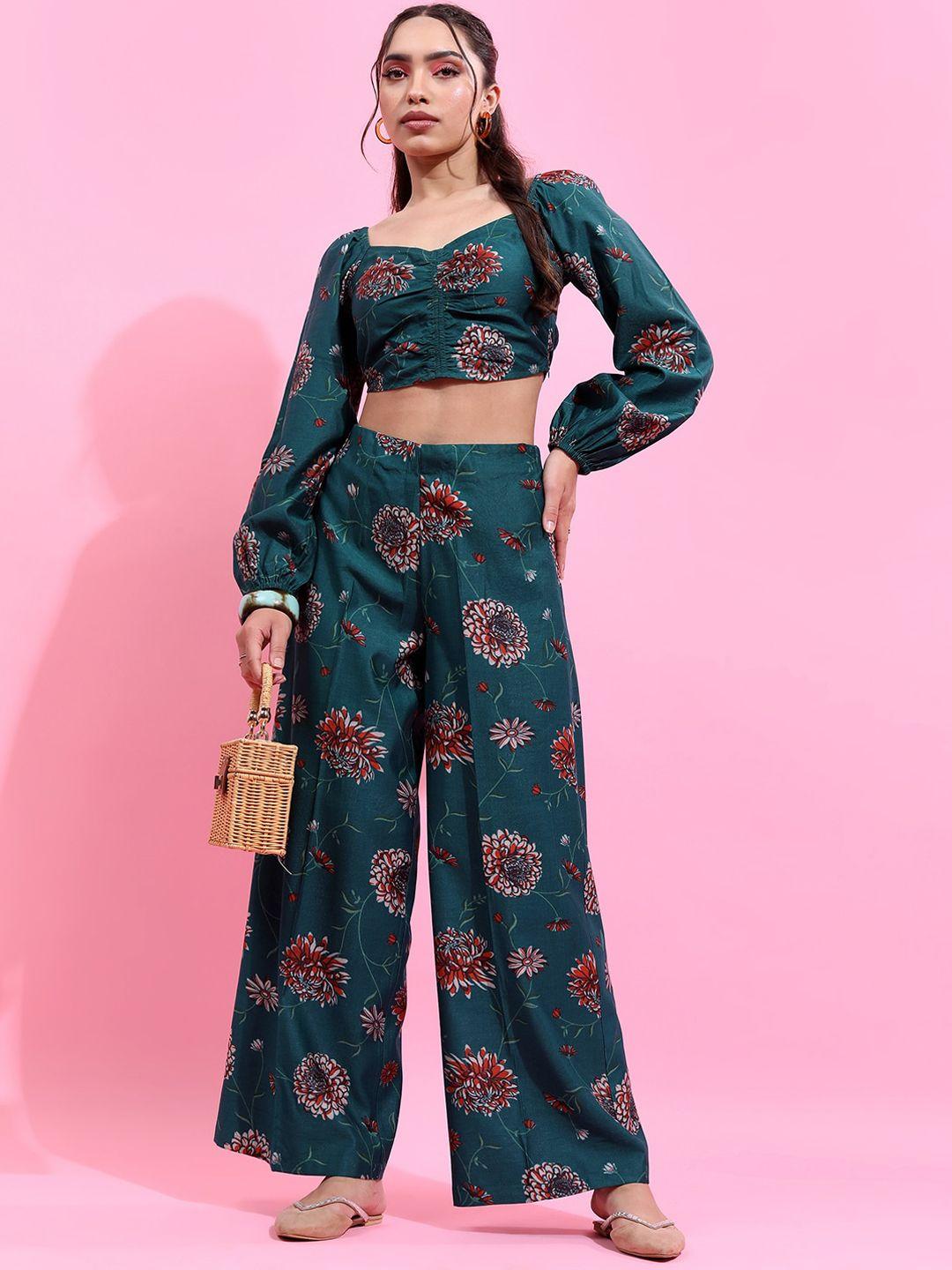 vishudh teal printed square neck crop top with straight palazzo
