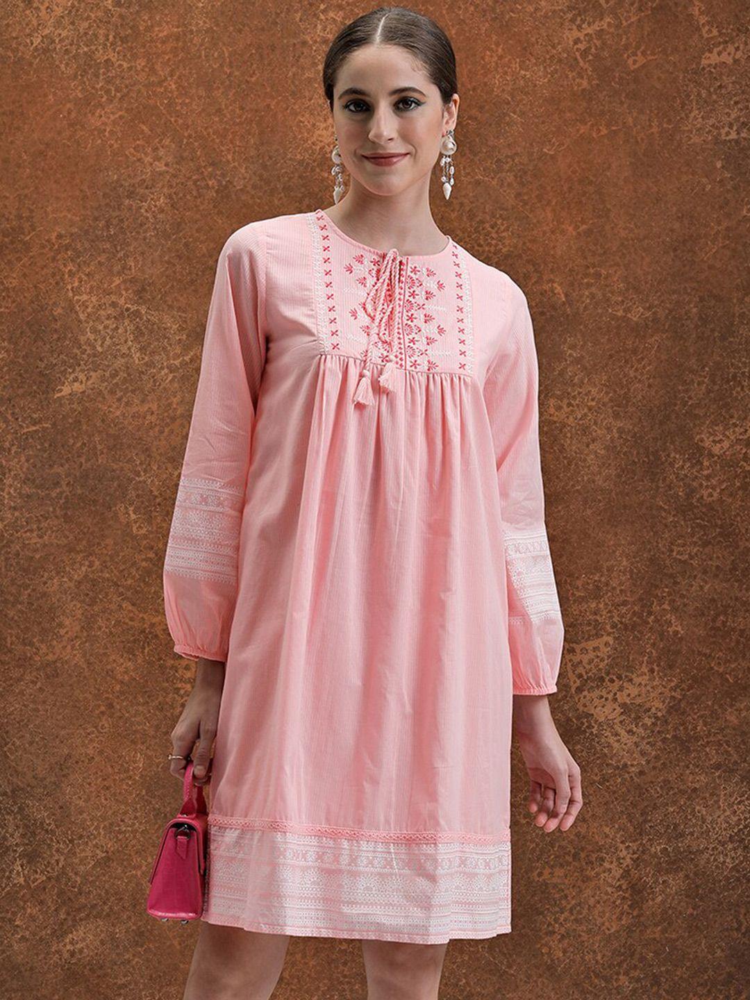 vishudh tie-up neck long sleeves cotton embroidered midi a-line dress