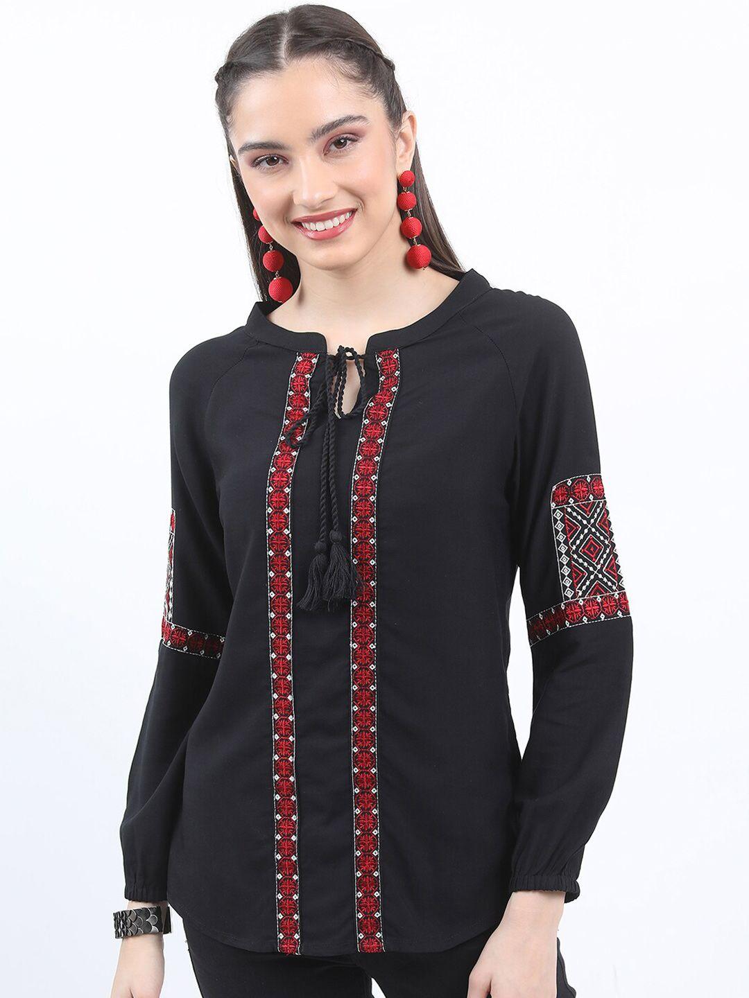 vishudh tie-up neck long sleeves embroidered regular top