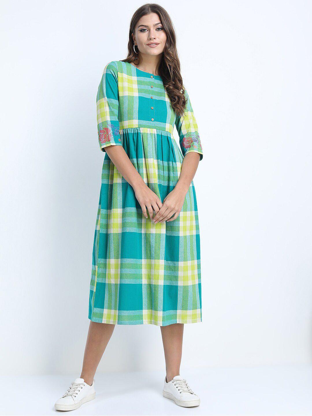 vishudh turquoise blue checked ethnic a-line midi dress