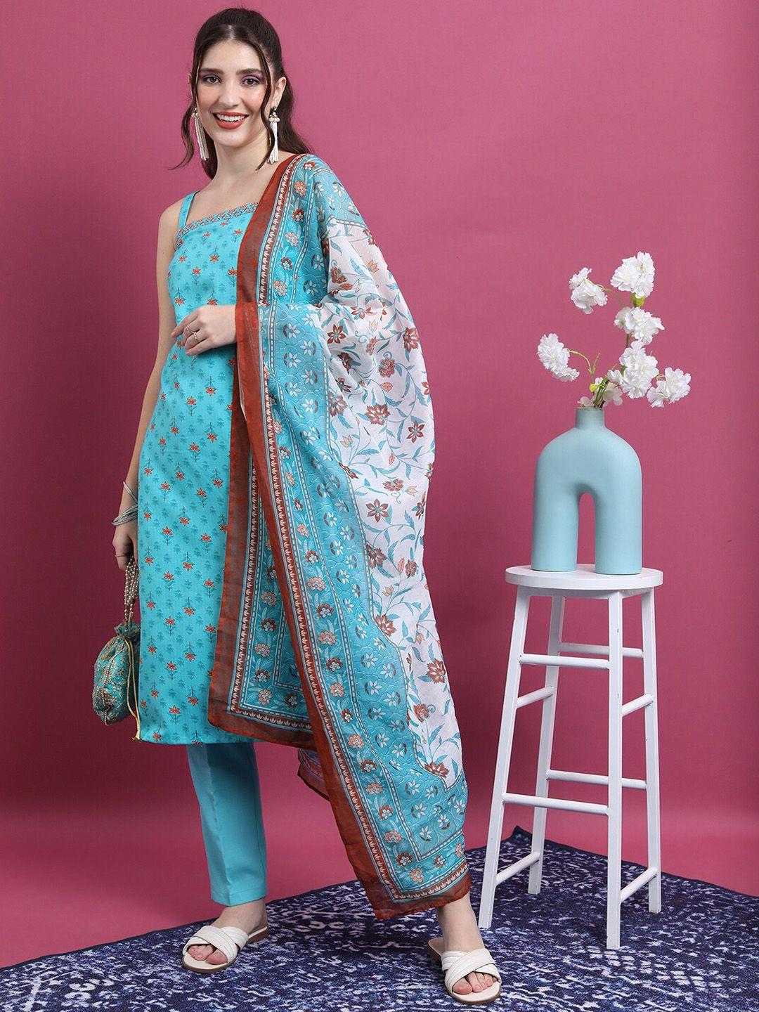 vishudh turquoise blue floral printed straight kurta with trousers & dupatta