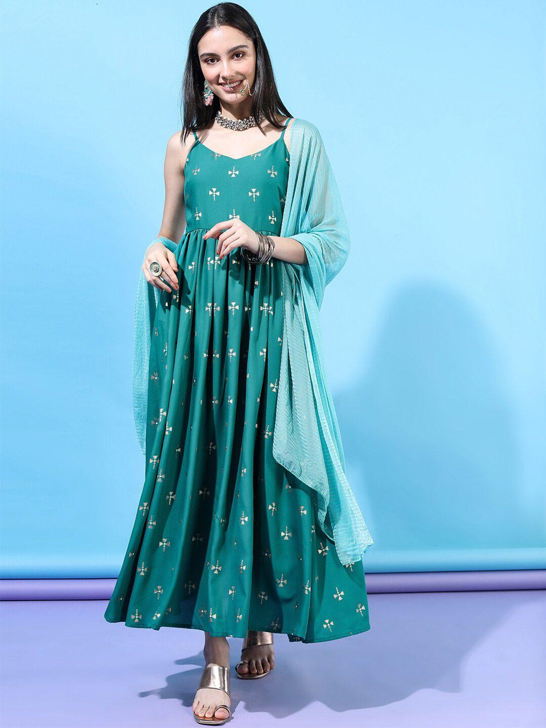 vishudh turquoise blue maxi dress with dupatta