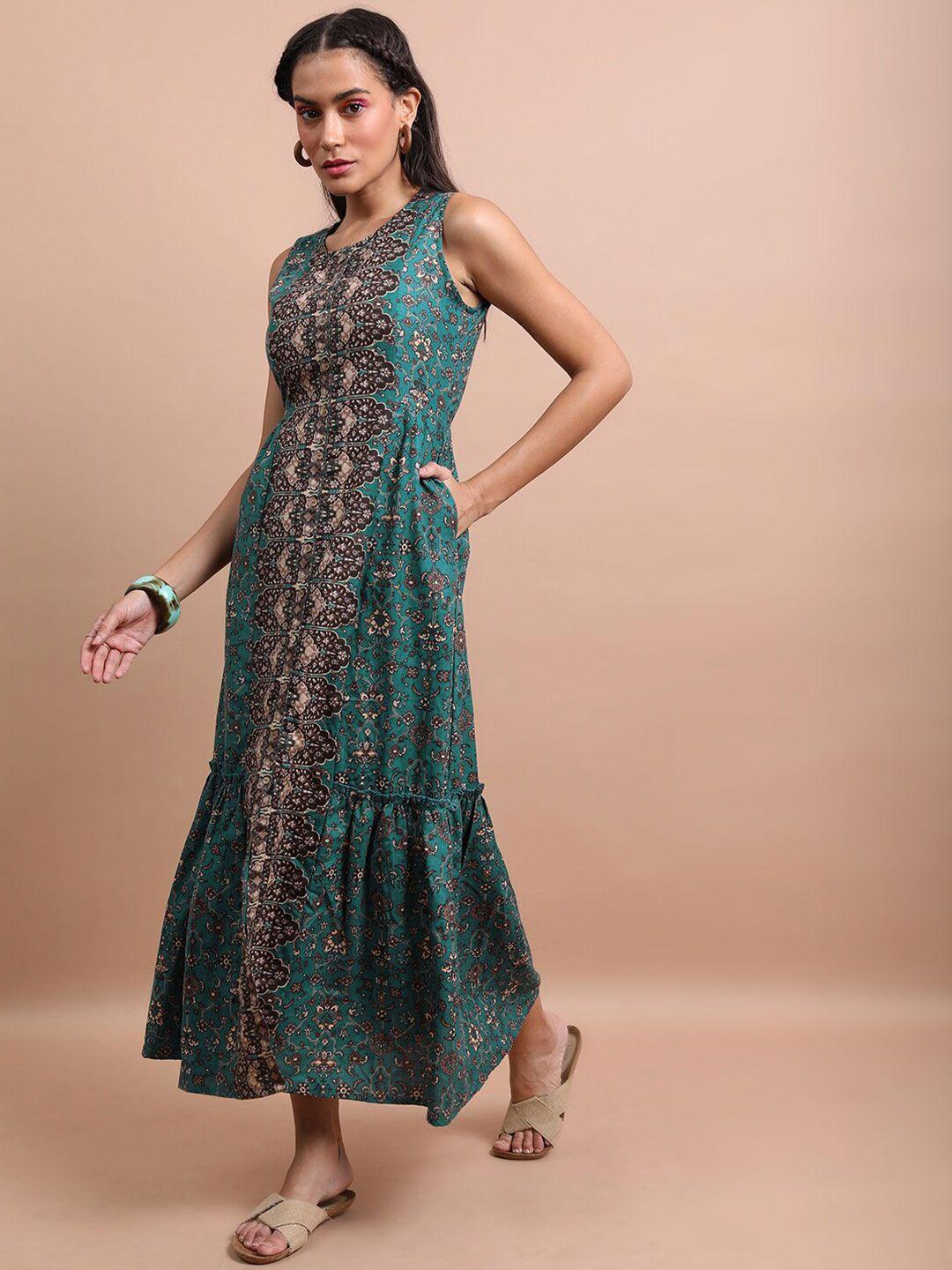 vishudh turquoise ethnic motifs printed maxi dress