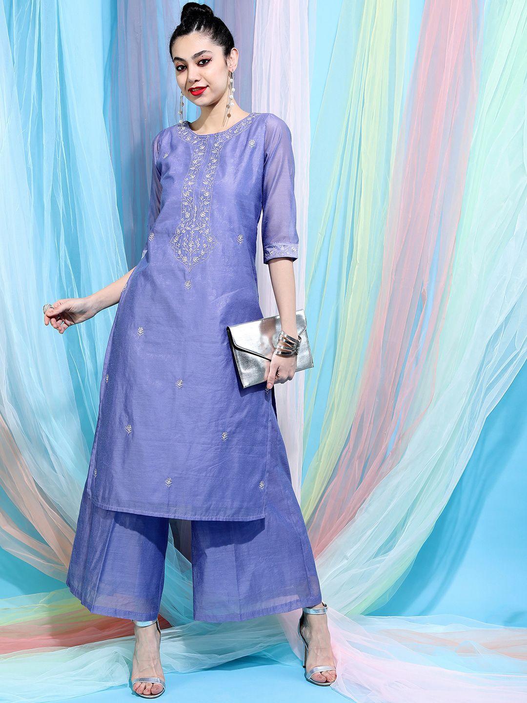 vishudh violet ethnic motifs embroidered thread work kurta with palazzos