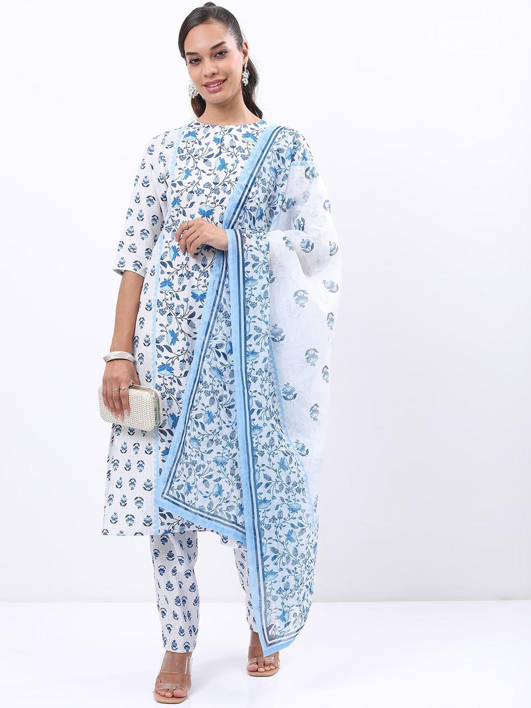 vishudh white & blue floral printed kurta with trousers & dupatta