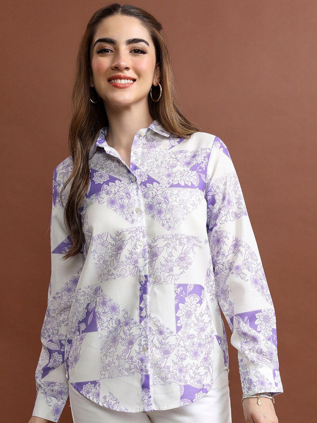 vishudh white & lavender floral printed casual shirt