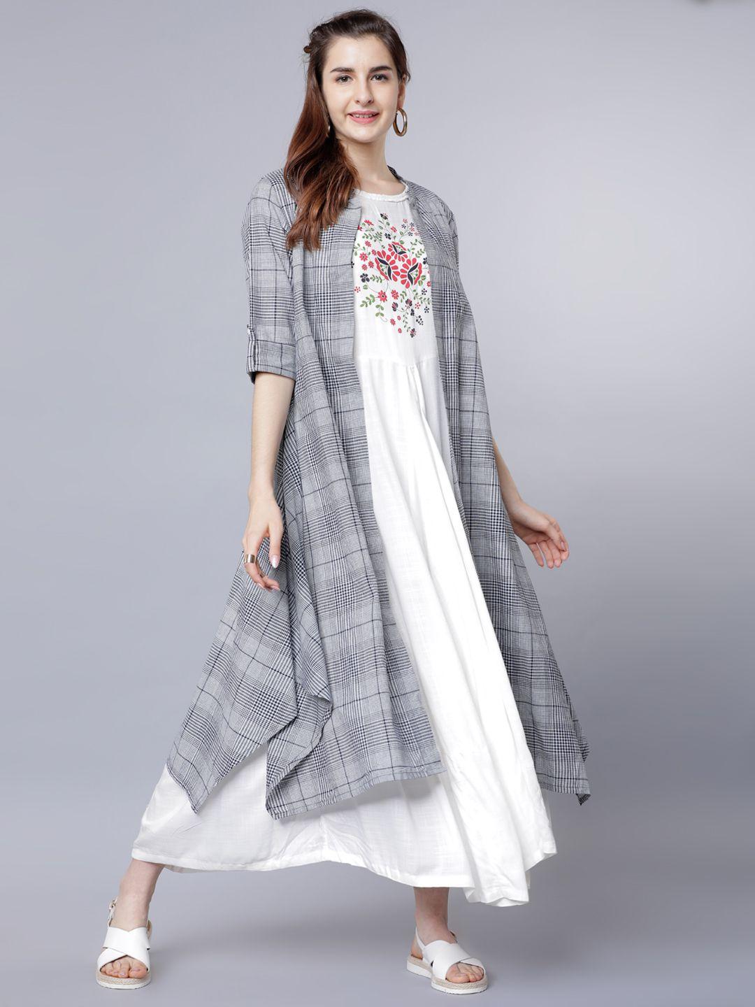 vishudh white & navy blue floral layered ethnic a-line maxi dress with jacket