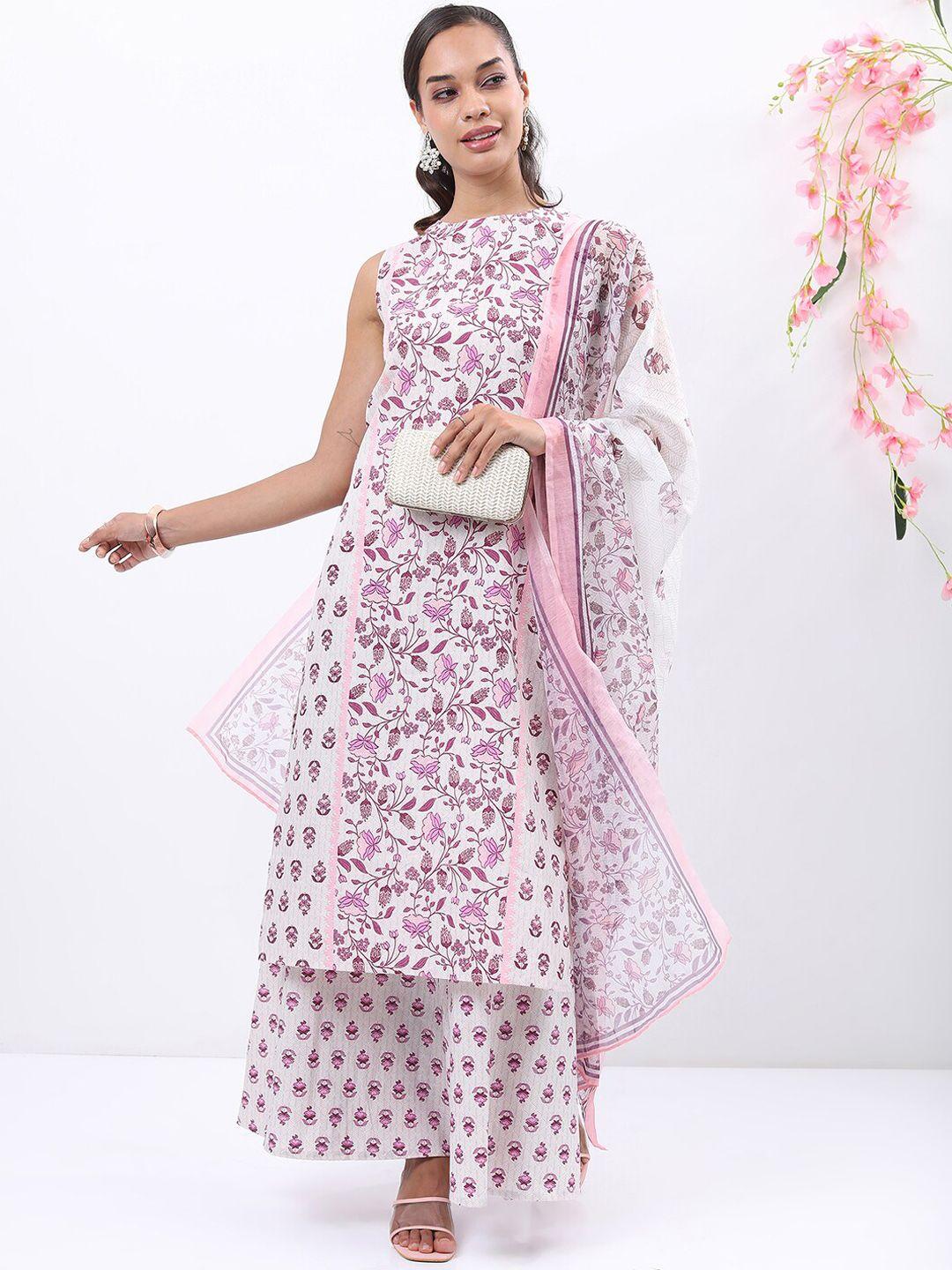 vishudh white & purple floral printed kurta with palazzos & dupatta