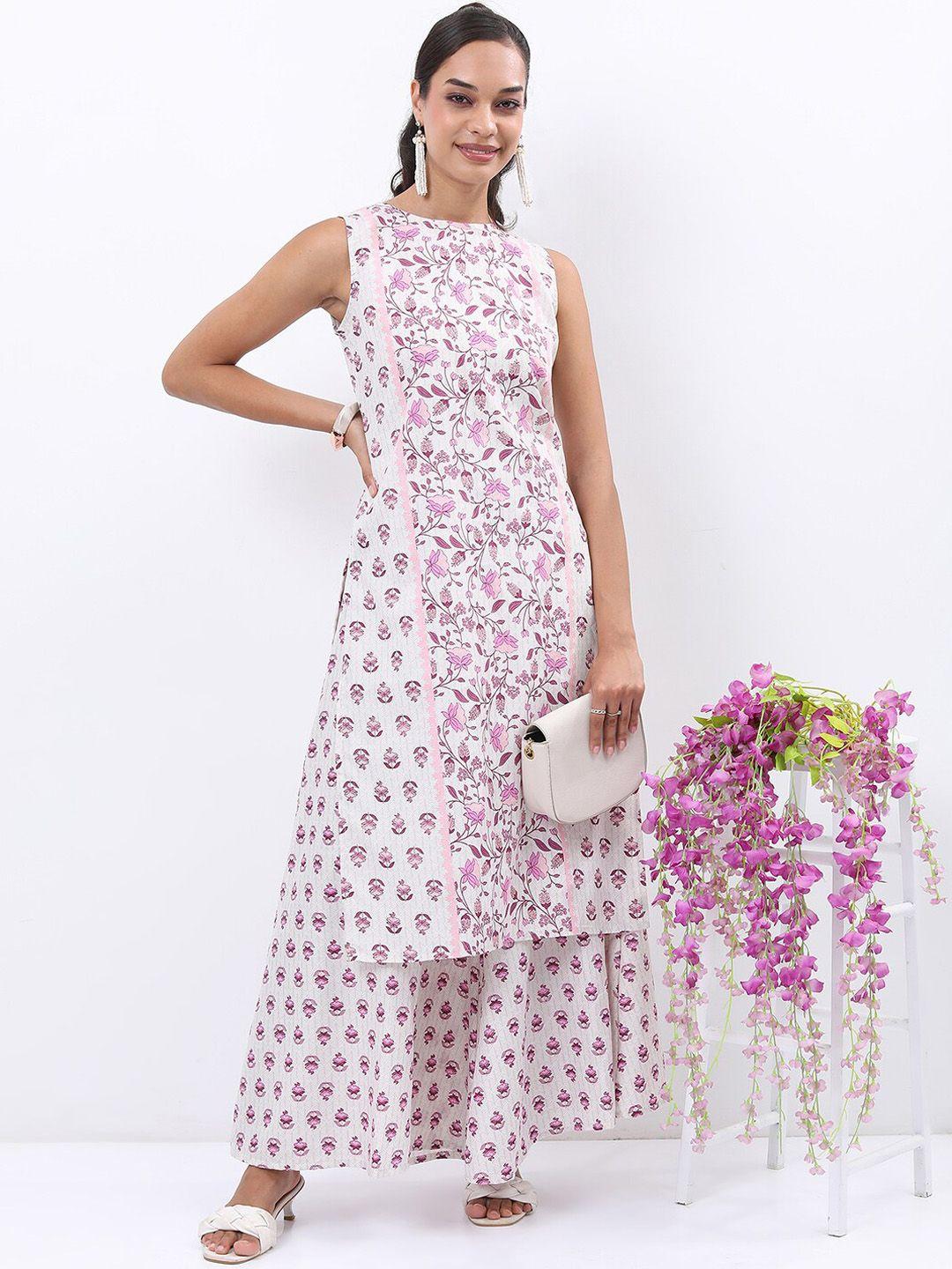 vishudh white & purple floral printed sleeveless kurta with palazzos