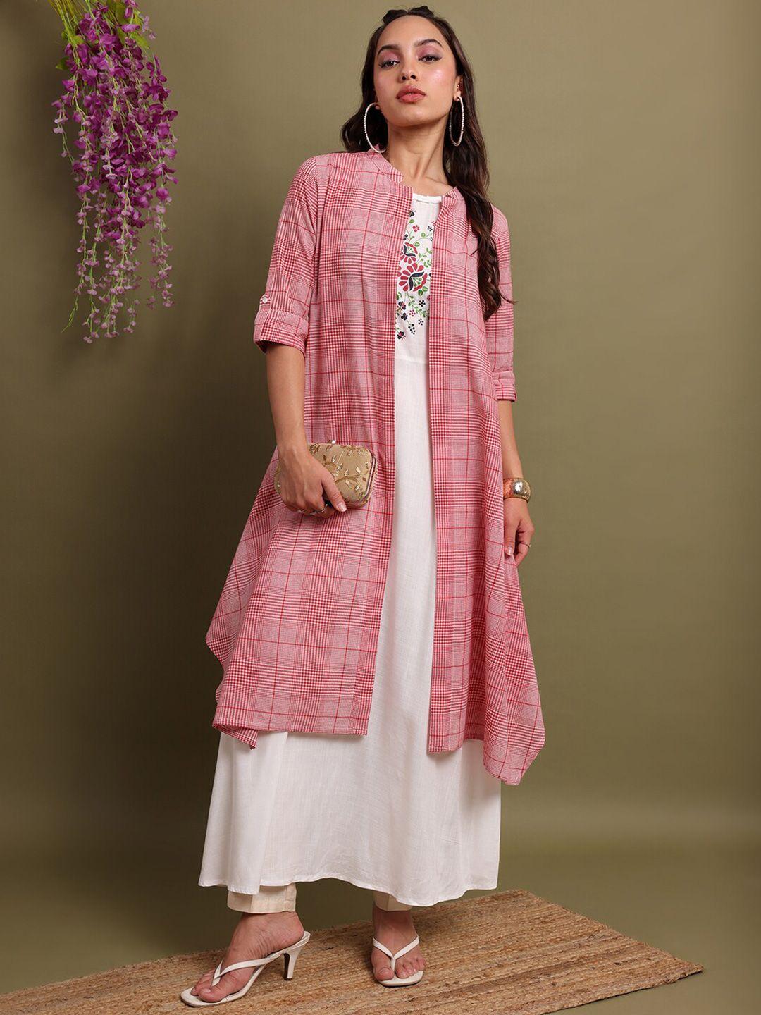 vishudh white & red floral printed a-line kurta with checked jacket