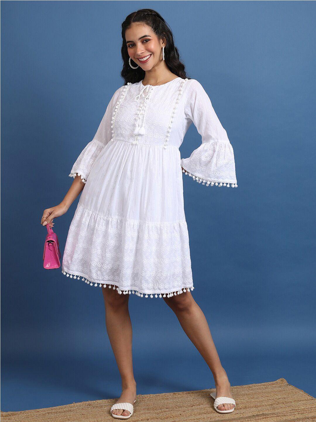 vishudh white embroidered a-line mini dress