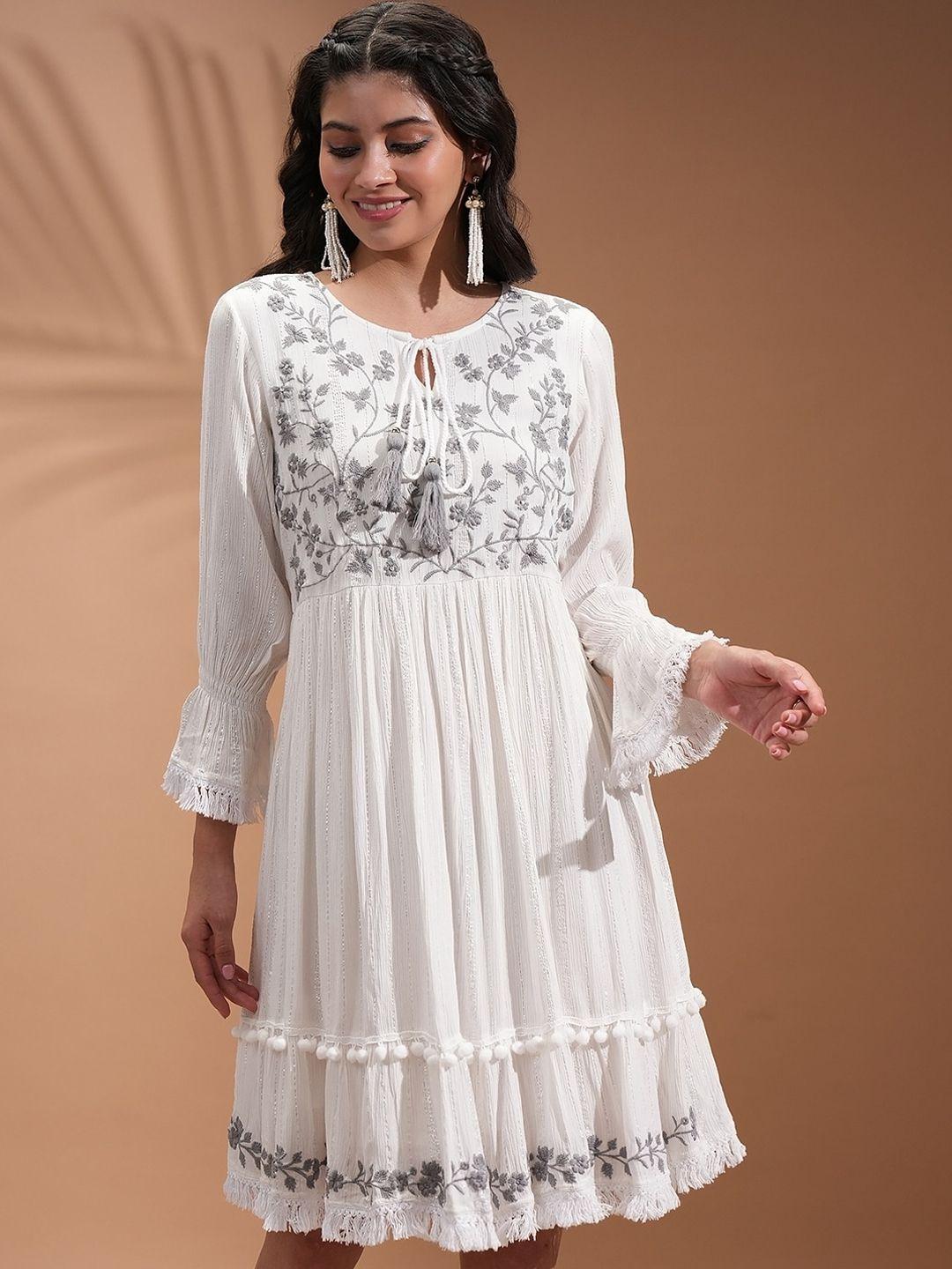 vishudh white floral embroidered bell sleeve tasseled pom-pom fit and flare ethnic dresses