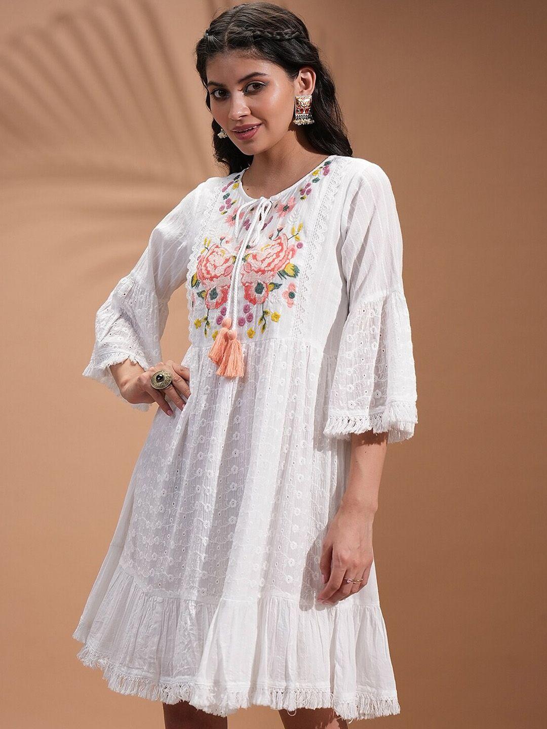 vishudh white floral embroidered bell sleeves tasseled fit and flare ethnic dresses
