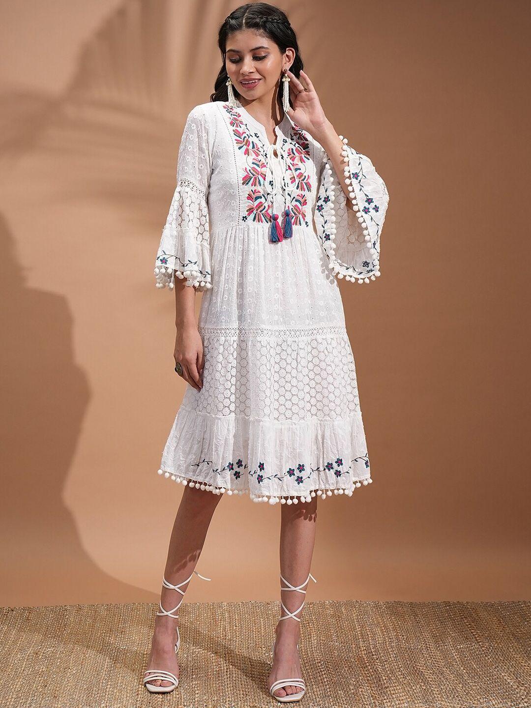 vishudh white floral embroidered bell sleeves tasseled pom-pom fit & flare ethnic dresses
