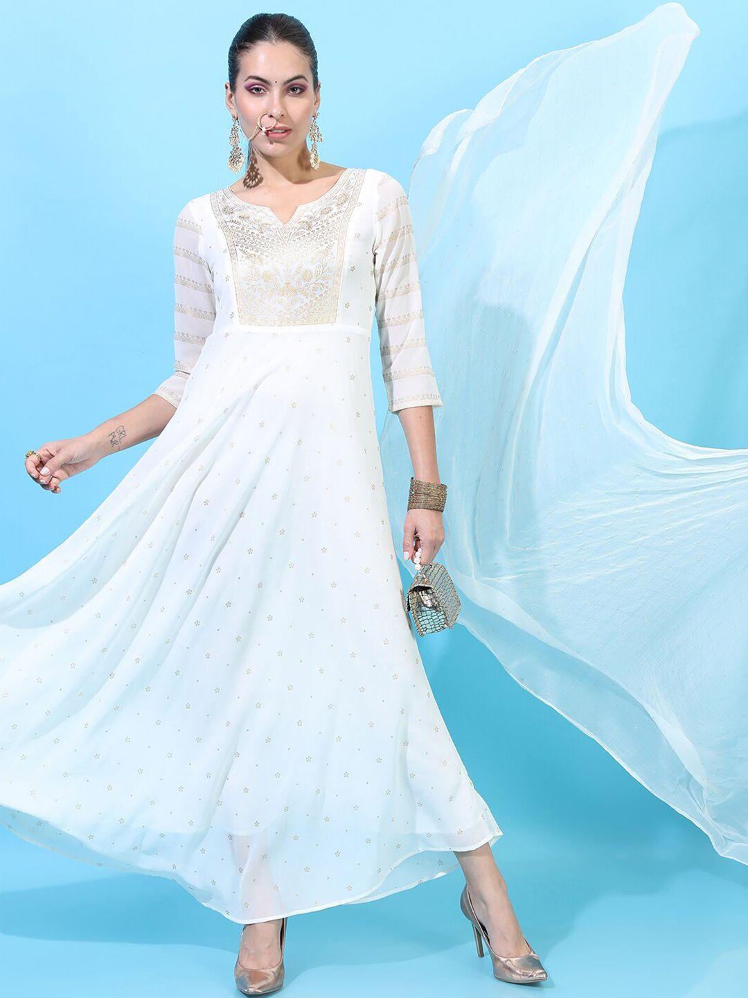 vishudh white floral ethnic maxi dress with dupatta