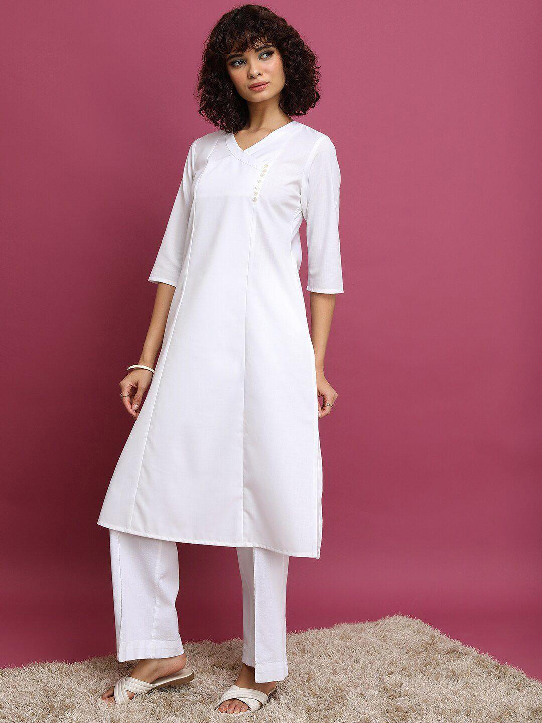 vishudh white v neck angrakha a line kurta