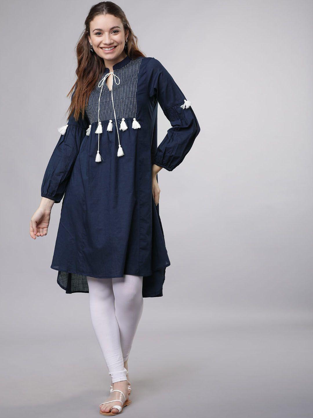 vishudh women's navy blue & white solid tunic
