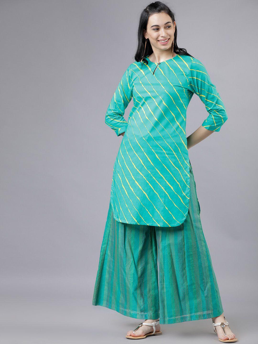 vishudh women's turquoise blue & yellow printed tunic