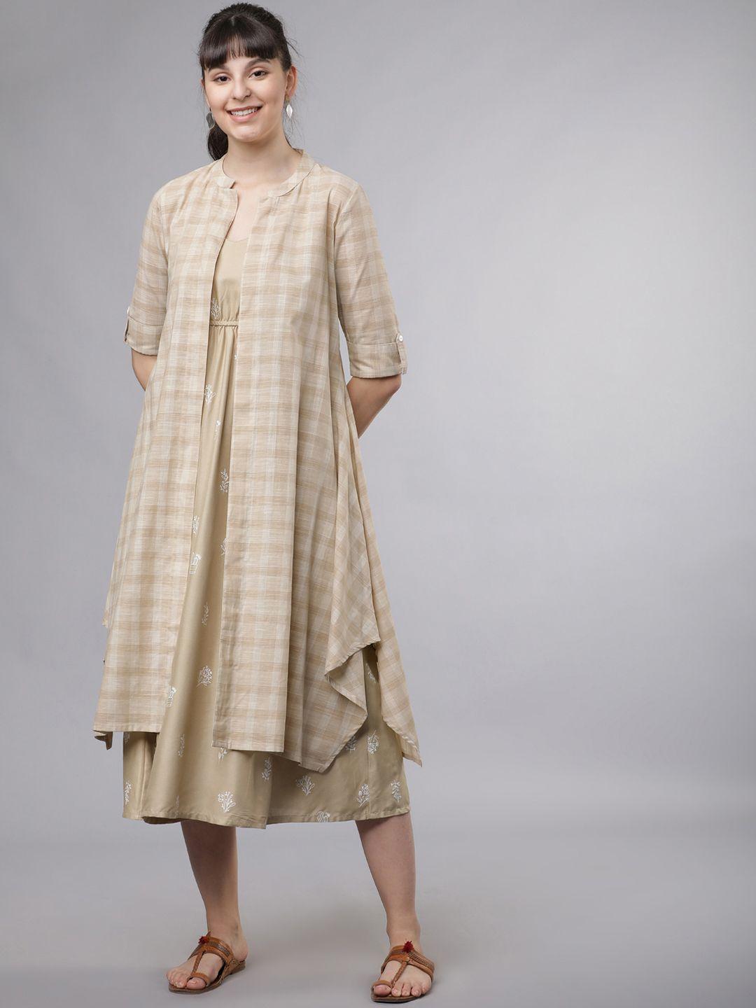 vishudh women beige & off-white checked a-line dress with a  jacket