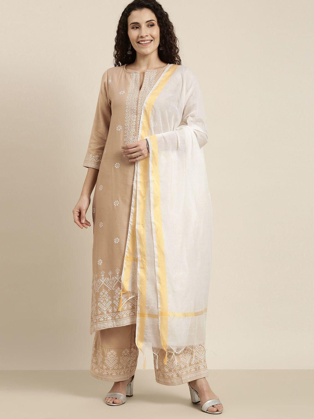 vishudh women beige & off-white printed kurta with palazzos & dupatta