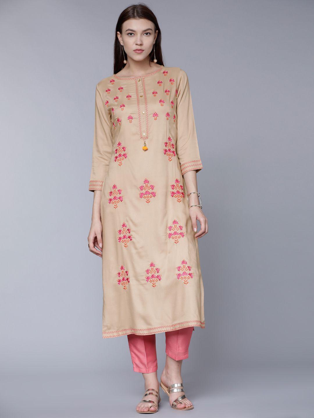 vishudh women beige & pink embroidered straight kurta