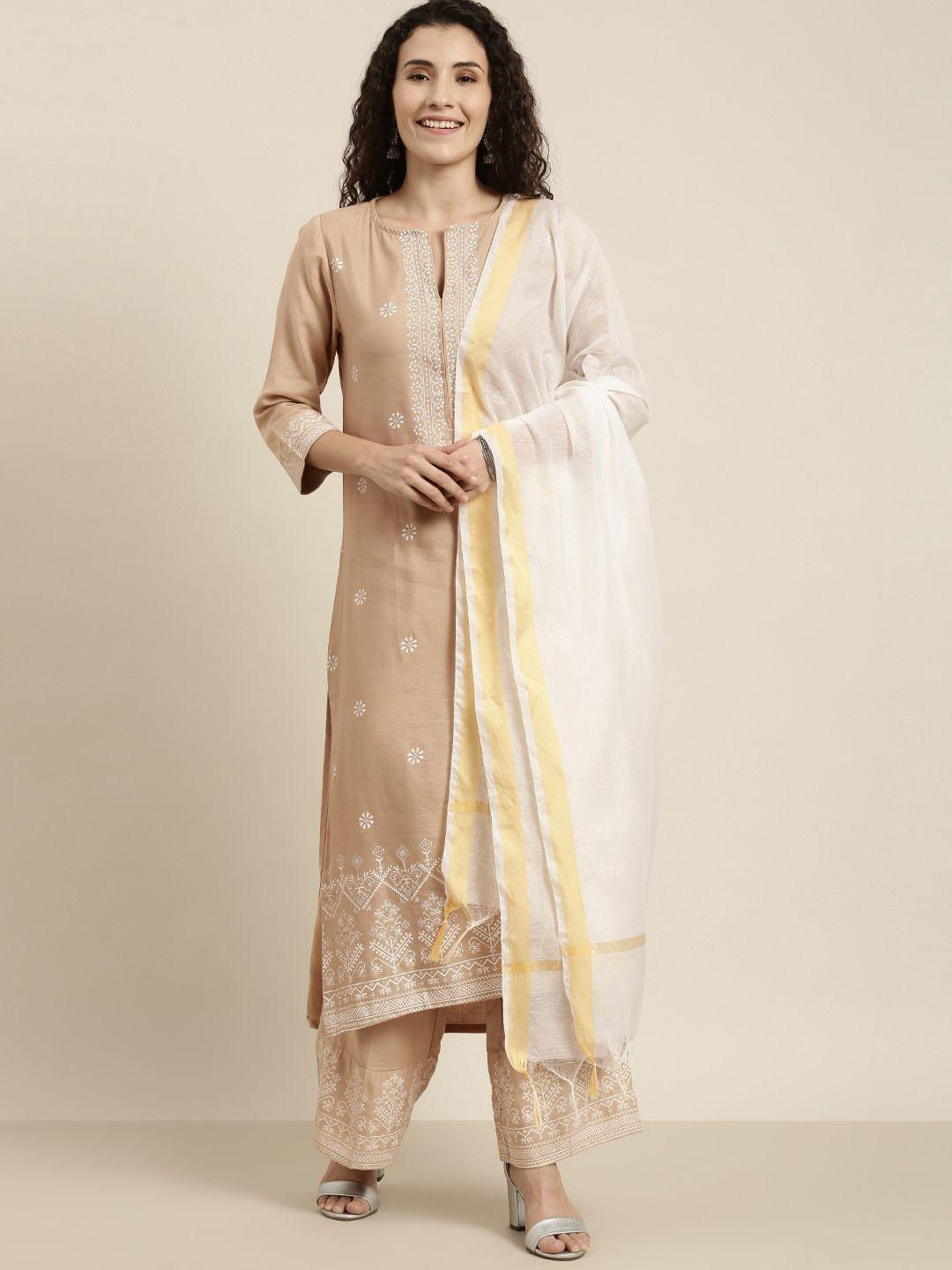 vishudh women beige ethnic motifs printed regular kurta with palazzos & with dupatta