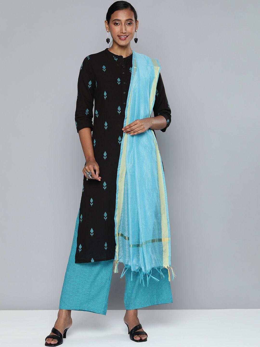 vishudh women black & blue woven design kurta with trousers & dupatta