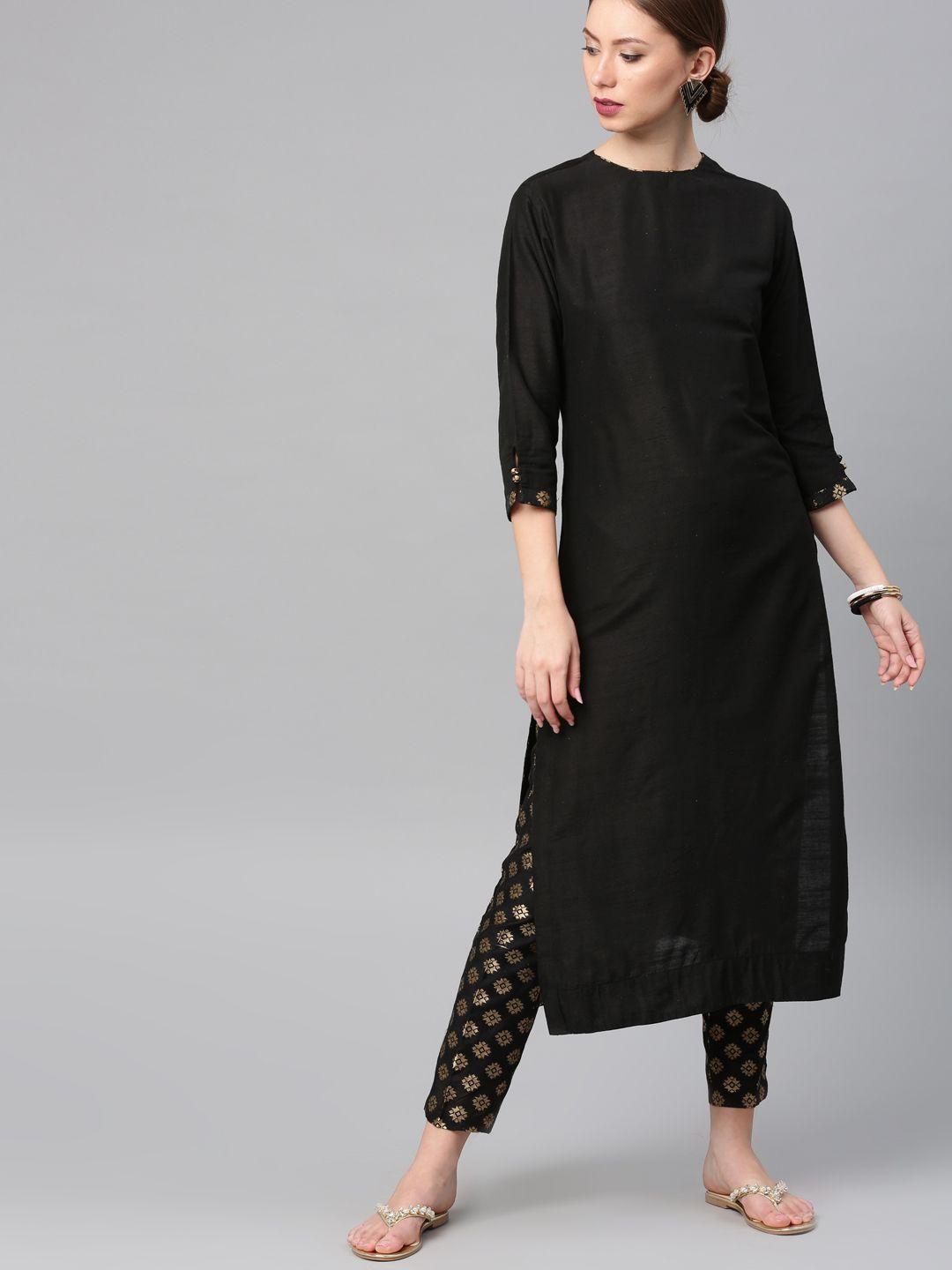 vishudh women black & gold-toned solid kurta with printed trousers